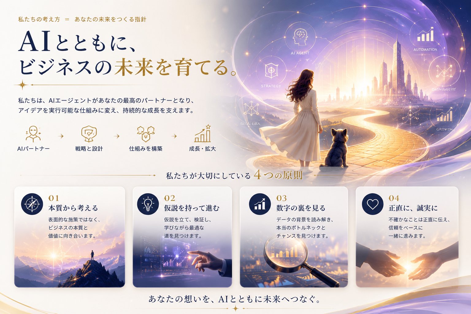 私たちの考え方 — AIとともに、ビジネスの未来を育てる